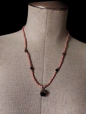 Delicate Pink Beaded Necklace with Black Pendant